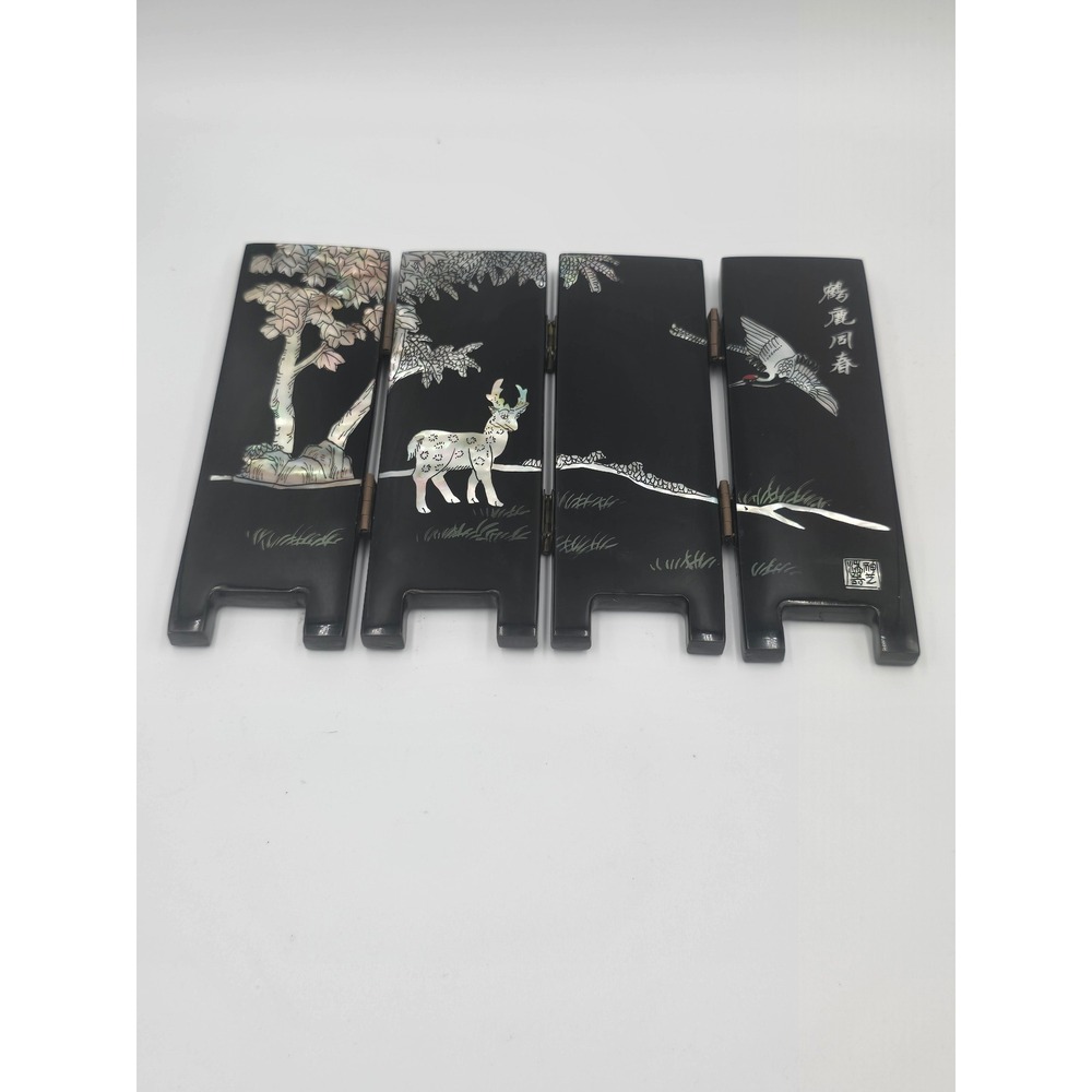 Vintage Black Lacquer Mother of Pearl Inlay 4 Panel Mini Table Screen Deer Crane - Picture 2 of 14